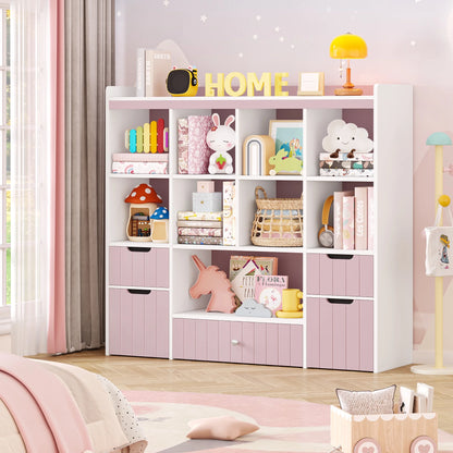 Homfa Kids Toy Storage Organizer with Cubby, Kids Toy Storage Chest with Removable Drawers, Kids Bookcase for Playroom Bedroom Living Room, Pink