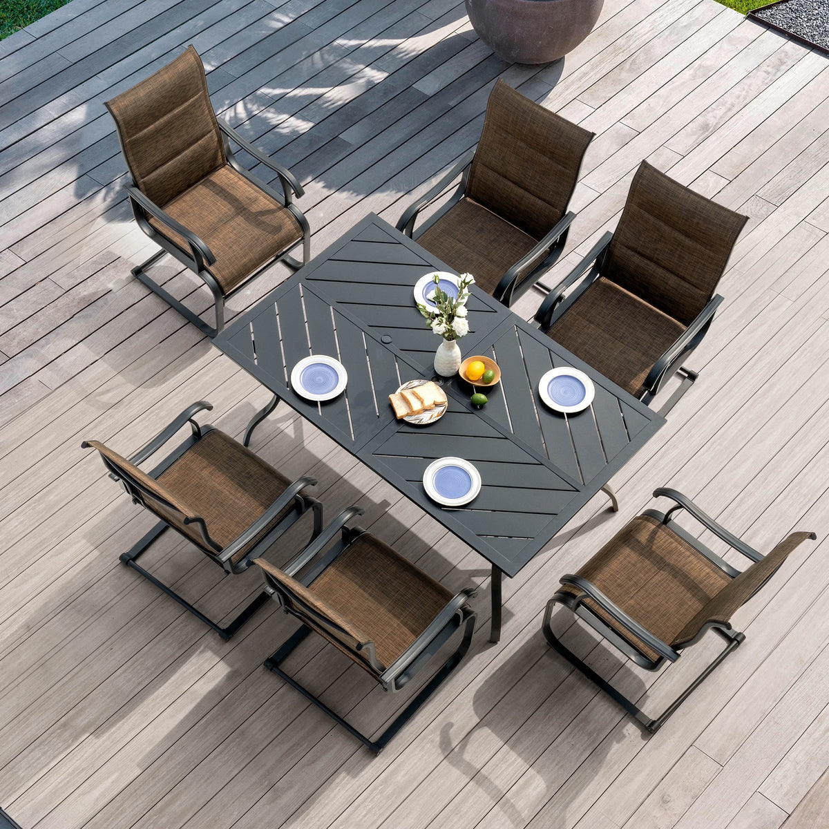 Nuu Garden 7 Piece Outdoor Dining Set, Outdoor Padded Textilene Patio Chairs and 61'' Rectangular Dining Table with Umbrella Hole, Grey & Black
