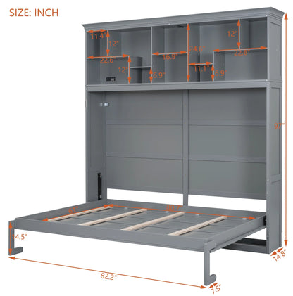 Queen Size Murphy Bed Wall Bed with Top Shelves & USB Charging, Space-Saving Cabinet Bed with Flexible Slats, Gray Modern Foldable Bed