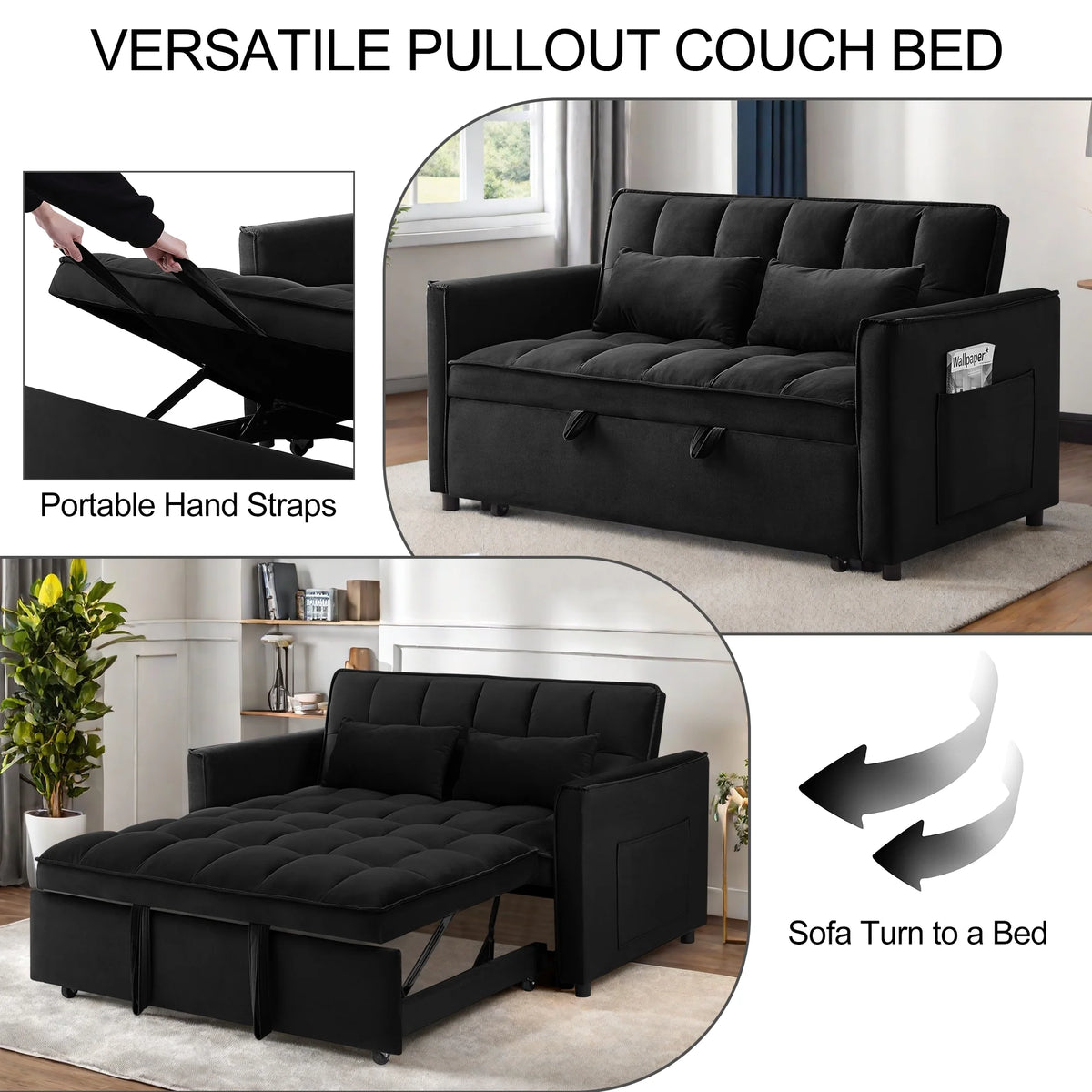 Convertible Sofa Bed,3-in-1 Sleeper Sofa with Pull Out Bed,Sleeper Futon Couch Loveseat with Adjsutable Backrest and Pillows for Living Room,Black