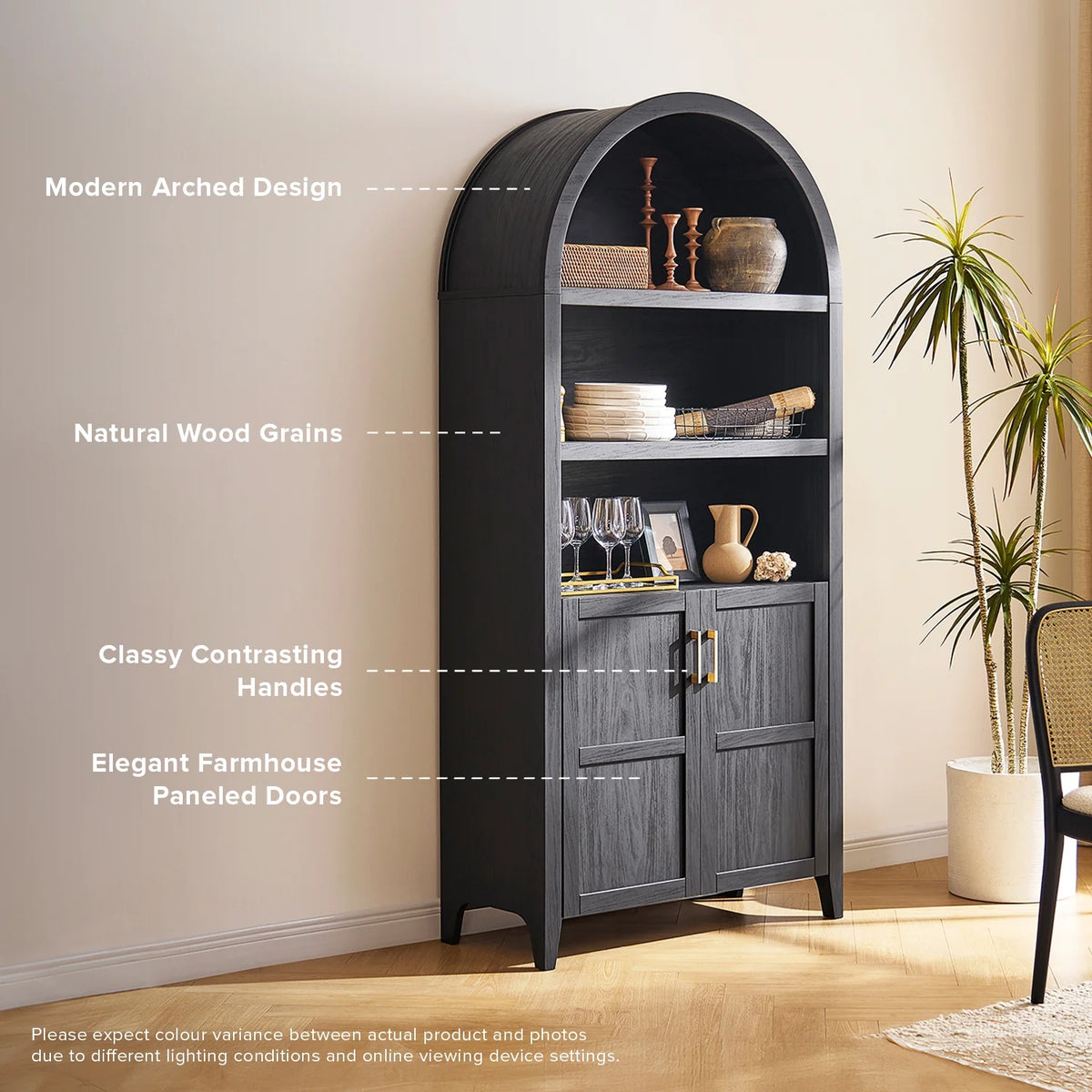 mopio Lauren 65.4" Arched Cabinet, 5-Tier Arched Bookcase with Doors and Shelves, Arched Bookshelf with Storage, Kitchen Pantry Cabinet, Wooden Storage Cabinet for Living Room, Kitchen (Oak)