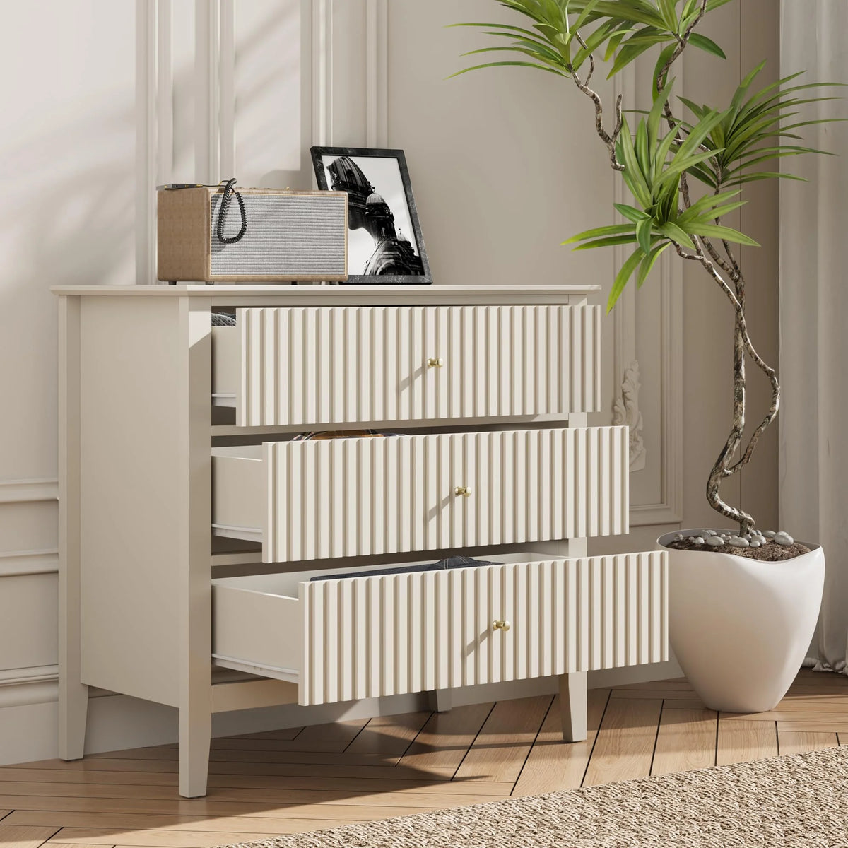 May Color Large White 3 Drawer Dresser Set of 2 with Fluted Panel, Modern Chest of Drawers with Silent Slide Drawers, Wood Accent Nightstand with Storage for Bedroom Living Room, Hallway