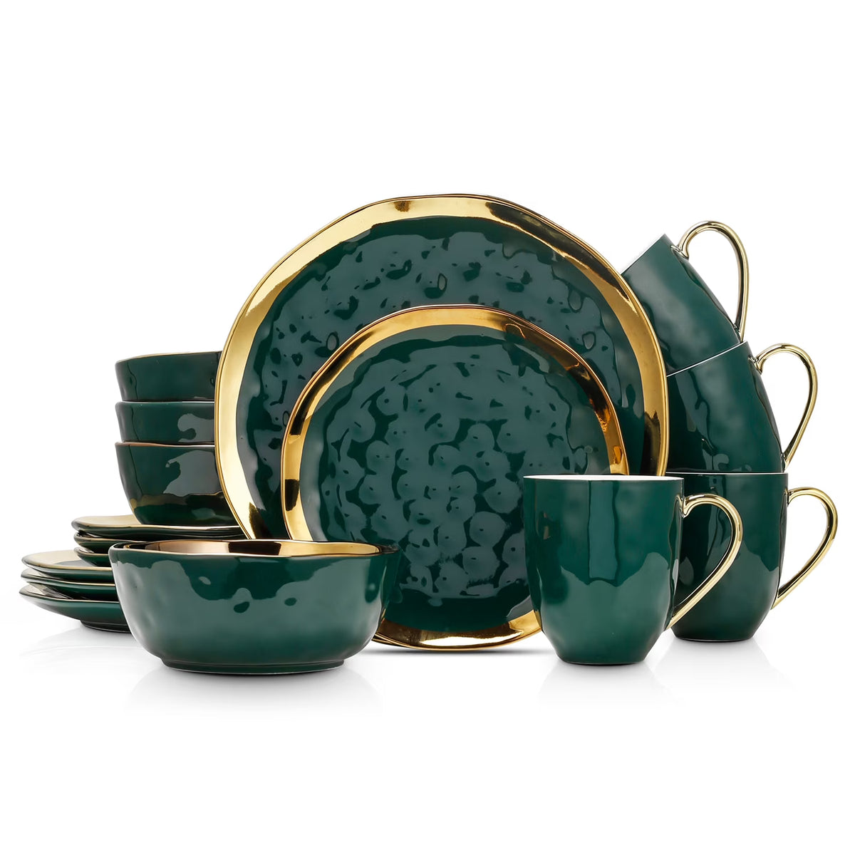 Stone Lain Florian Modern Porcelain Dish Set, 16-Piece Dishes for 4, Gold and Navy