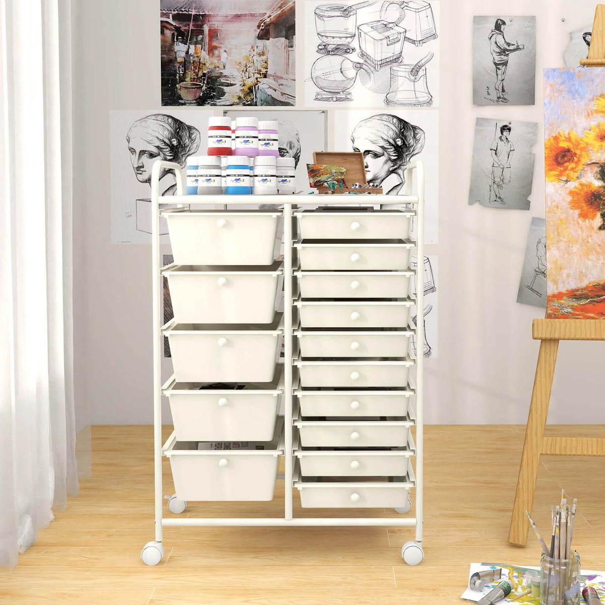 Costway 15 Drawer Rolling Storage Cart Tools Scrapbook Paper Office School Organizer White