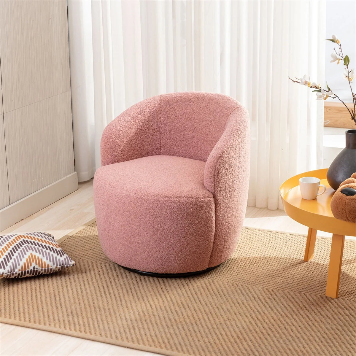 Swivel Barrel Chair, Modern Teddy Fabric Swivel Accent Barrel Chair Armchair, Upholstered Cozy Club Chairs Sofa Arm Chair for Nursery, Bedroom, Office, Hotel, Dark Blue