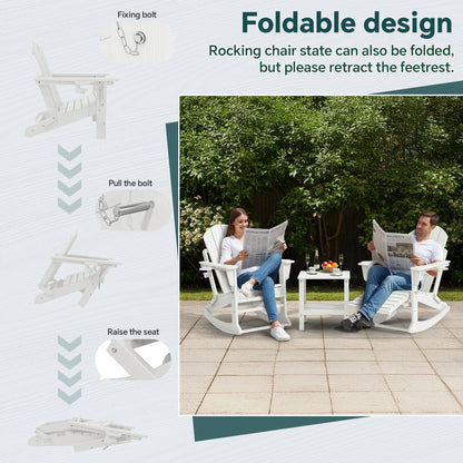 KINGYES Folding Adirondack Rocker Chair Set of 2 W/ Footrest & Dual Cup Holders, HDPE Outdoor Patio Rocking Chair, Black
