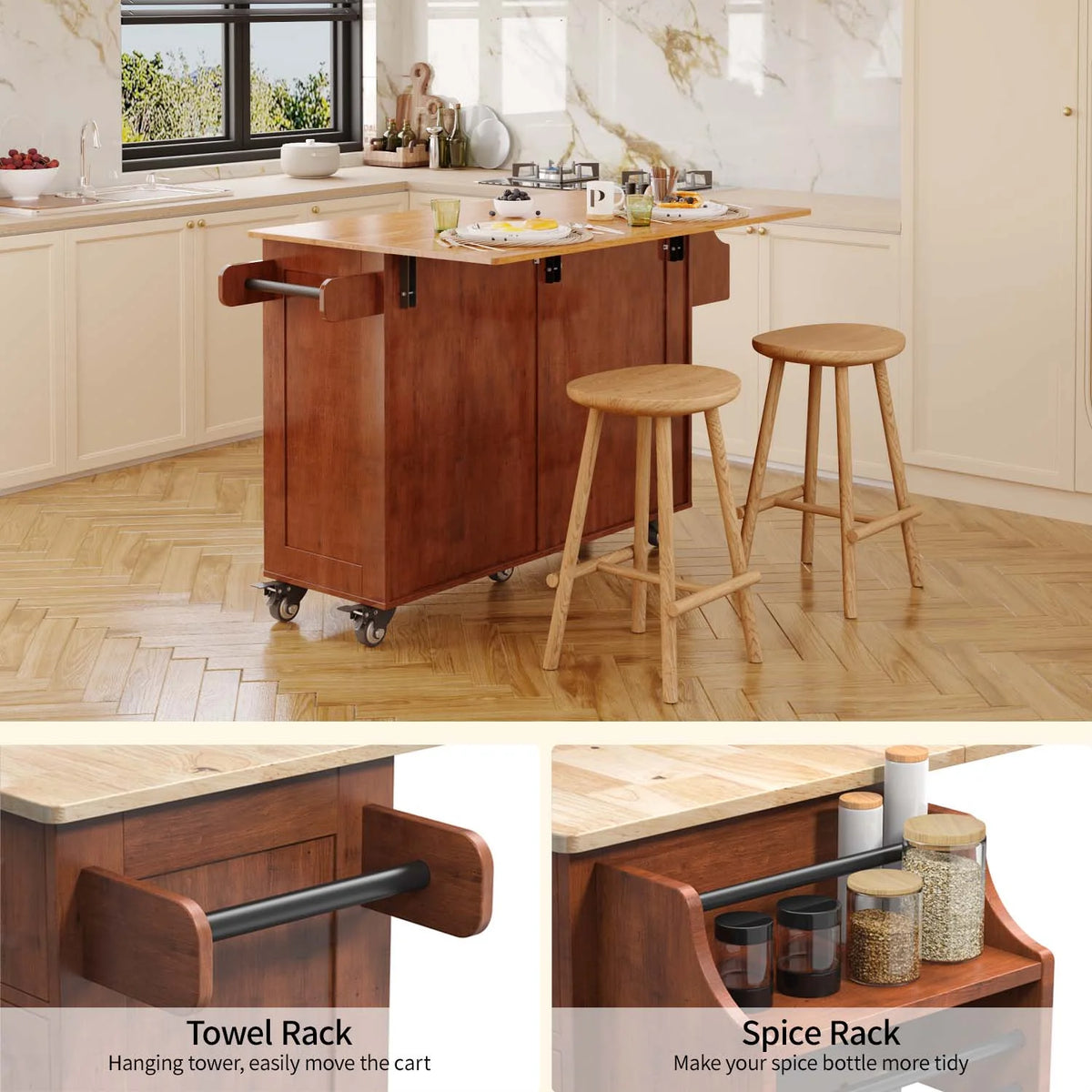 Lofka 52-Inch Kitchen Island with Storage on Wheels with Wood Drop Leaf, Ideal for Small Kitchens