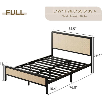 4 EVER WINNER Queen Size Bed Frame, Rattan Bed Frame with Natural Rattan Headboard and Footboard, No Box Spring Needed, Black