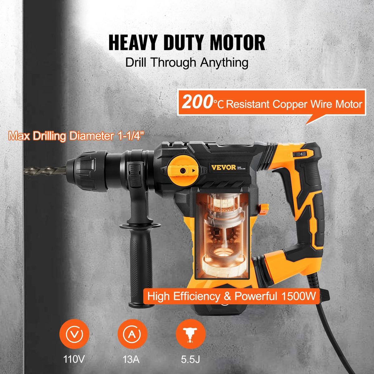 VEVOR 1-1/4inch SDS-Plus Rotary Hammer Drill, 13 Amp Corded Drills, Heavy Duty Chipping Hammers w/Vibration Control & Safety Clutch, Electric Demolition Hammers Variable Speed, Power Tool For Concrete