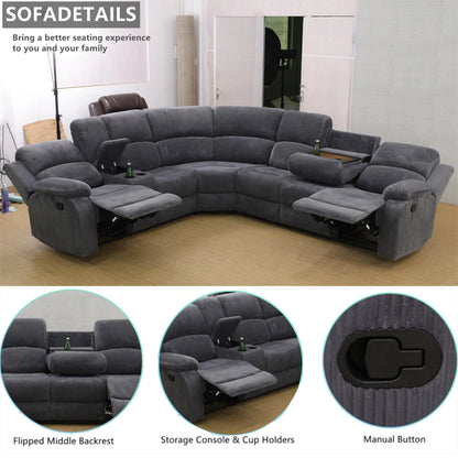 Aukfa 3-Piece Recliner Sofa Set, 6 Seat Sectional Couch with Cup Holders&Storage Console, Gray