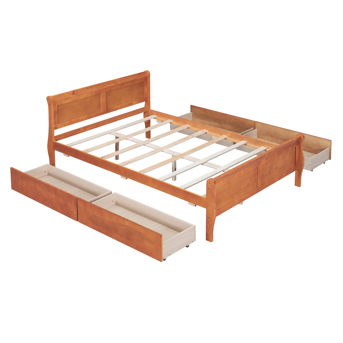 Full Size Wood Platform Bed with 4 Drawers,Storage Bed Frame with Streamlined Headboard and Footboard for Kids, Teens, Boys, Girls,Wooden Slats Support, No Box Spring Needed,Oak