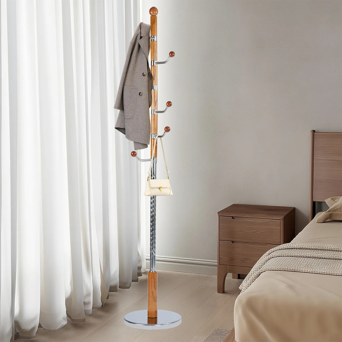 Coat Rack Freestanding, Hall Tree with 11 Hooks, Heavy Duty Wooden Coat Tree Stand, Adjustable Height, Sturdy Base for Bedroom Hallway Office - Load 270lbs