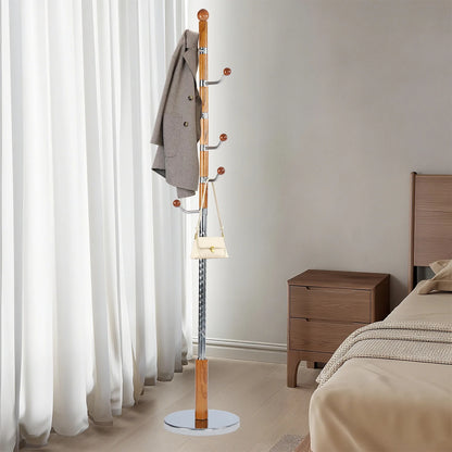 Coat Rack Freestanding, Hall Tree with 11 Hooks, Heavy Duty Wooden Coat Tree Stand, Adjustable Height, Sturdy Base for Bedroom Hallway Office - Load 270lbs