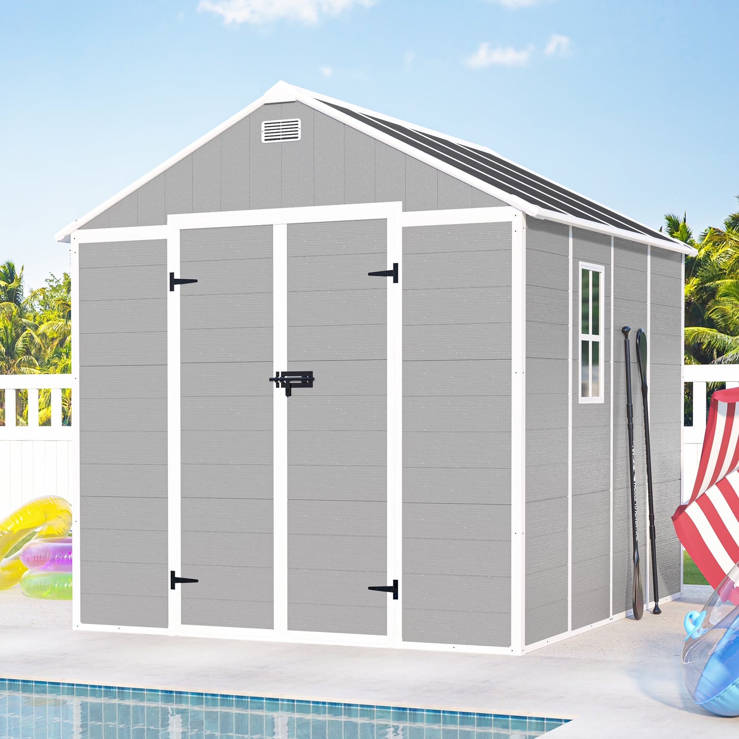 Seizeen Shed and Outdoor Storage, 41 Cu.Ft Small Outdoor Resin Shed with 3 Doors & Floor, 306GAL Deck Box Waterproof Plastic Tool Storage Shed for Cushion Lawn Mower Garbage Cans