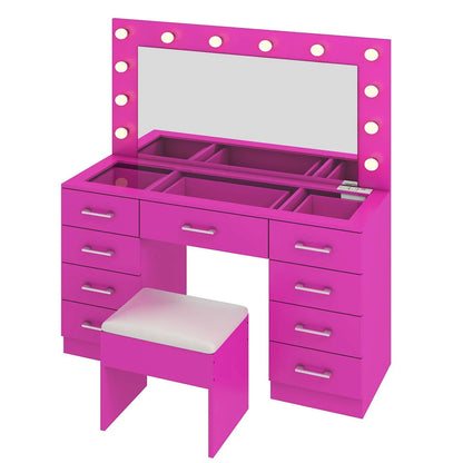 Ktaxon Large Makeup Vanity, Vanity Table Set w/ Visible Glass Top w/ Charging Station, White