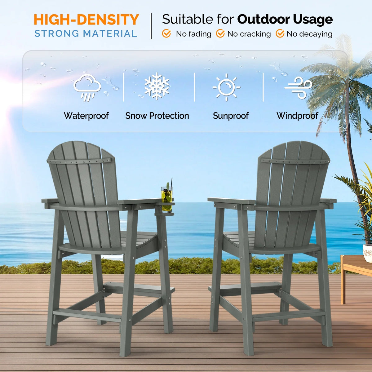 UBesGoo Tall Adirondack Chairs,HDPE All Weather Poly Lumber with Cup Holder,Outdoor Bar Stools with Wide Armrest for Outdoor Deck Lawn Pool Backyard,Lake Blue