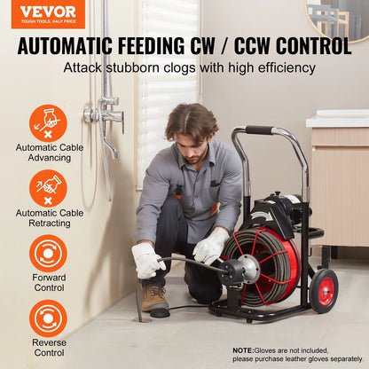 VEVOR Drain Cleaner Machine 100FT x 1/2 Inch, Auto Feed Sewer Snake Auger on Wheels, 550W Portable Drain Cleaning Machine with 8 Cutters & Air-activated Foot Switch for 2" to 4" Pipes