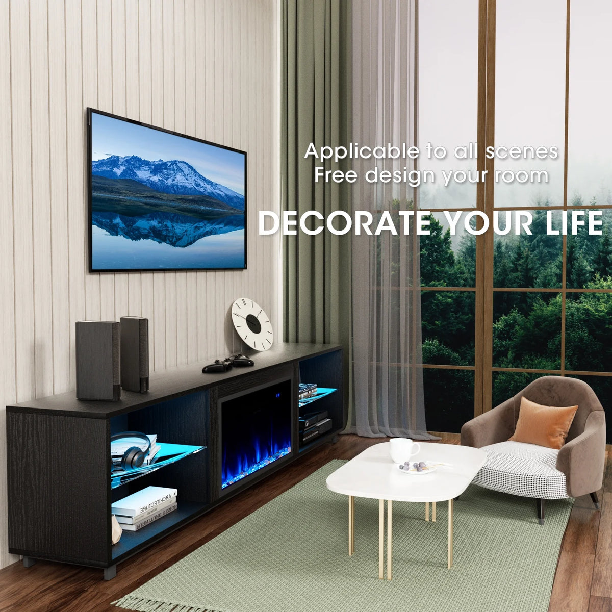 Easoger Fireplace TV Stand, 68'' TV Stand with 23" Electric Fireplace, LED Light Entertainment Center, TV Stands for 80 inch TV, Black