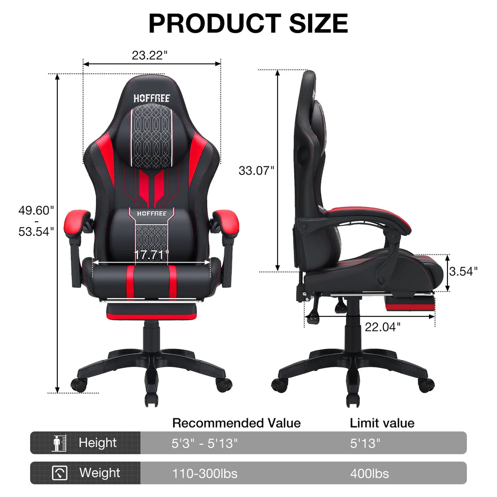 HOFFREE Big and Tall Gaming Chair with Speakers and RGB Lights, Gamer Chair with Footrest, Lumbar Support Height Adjustable 360-Swivel Seat and Headrest for Adults, 400lbs