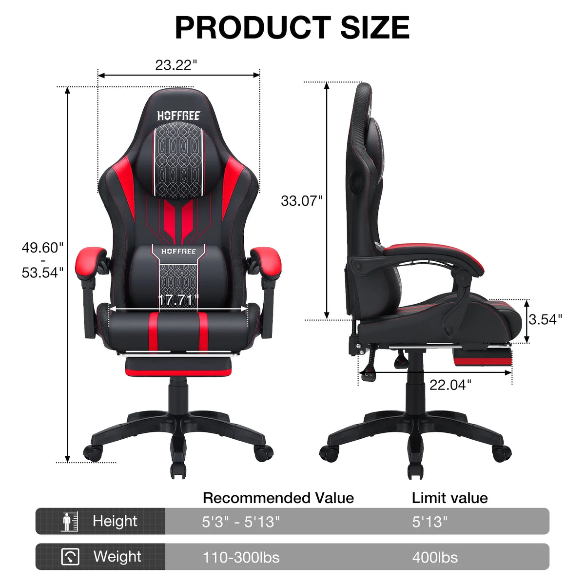 HOFFREE Big and Tall Gaming Chair with Speakers and RGB Lights, Gamer Chair with Footrest, Lumbar Support Height Adjustable 360-Swivel Seat and Headrest for Adults, 400lbs