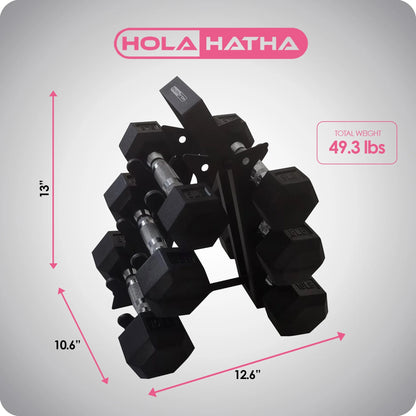 HolaHatha Hex Dumbbell with Rack, 5/10/15/20/25 lb (Black)