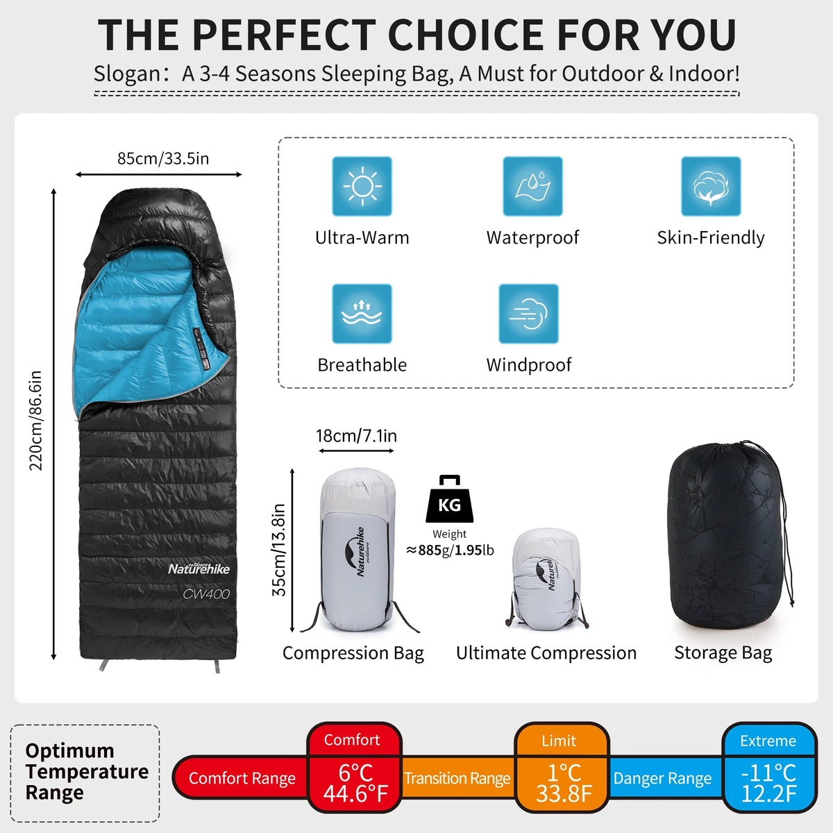 Naturehike Ultralight White Goose Down Sleeping Bag 750/550 Fill Power with Compression Sack