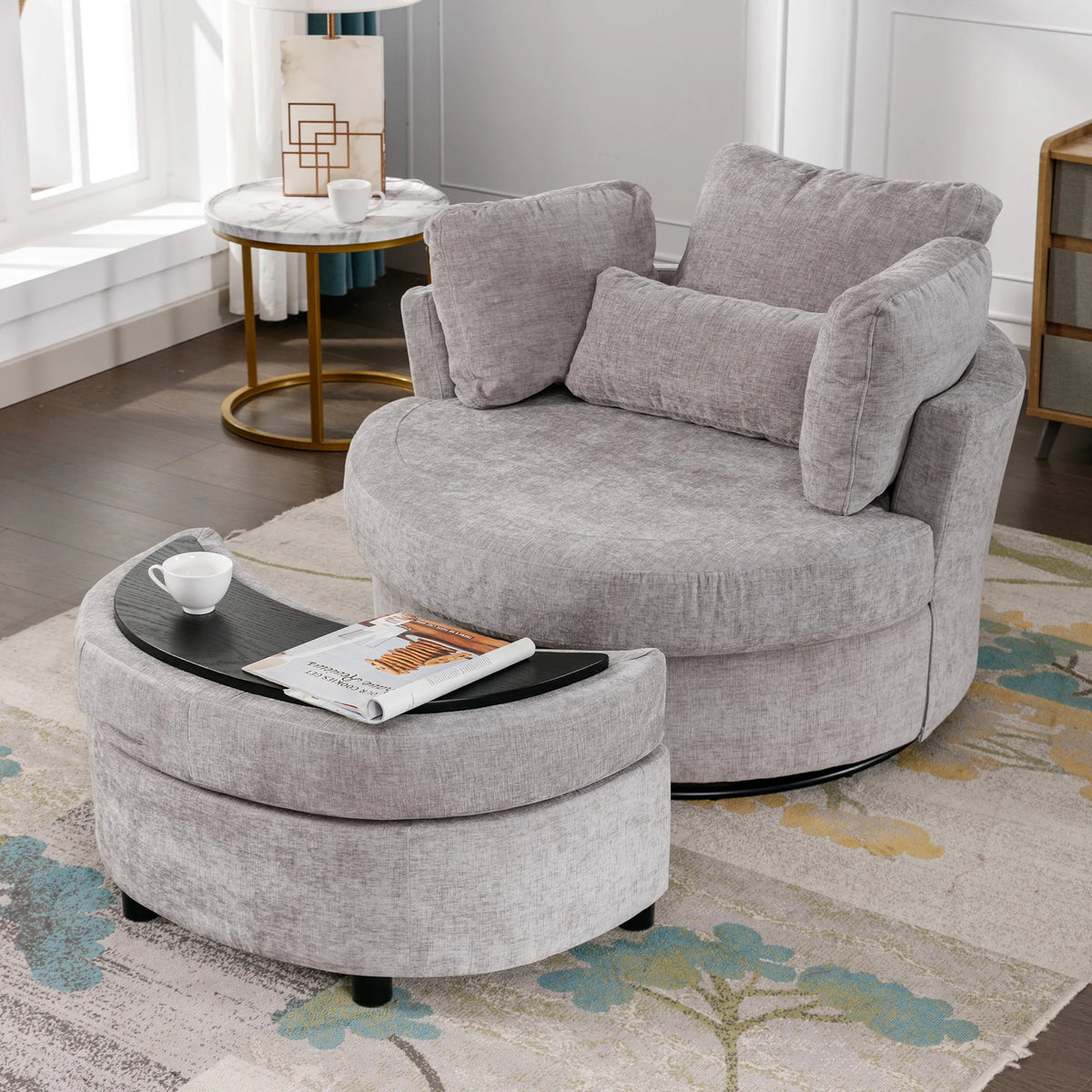 Muumblus Teddy Swivel Accent Barrel Chair, Modern Oversize Sherpa Comfy Round Reading Armchair for Living Room, Ivory