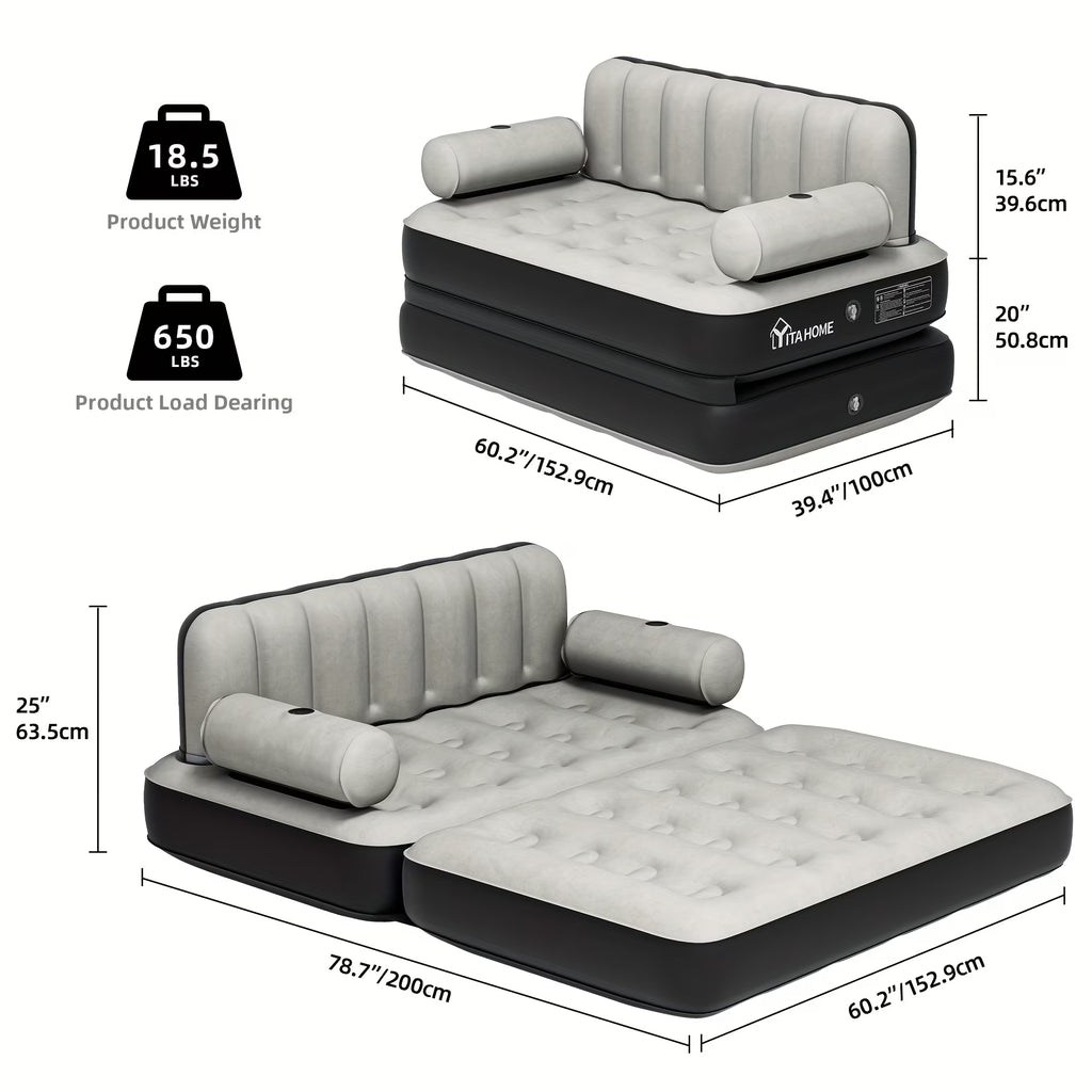 Inflatable Air Sofa Bed 2-in-1 Backrest Couch Airbed With Headboard And Pump Convertible Blow Up Bed Mattress For Home, Camping, And Guests, Living Room Furniture, Queen Size