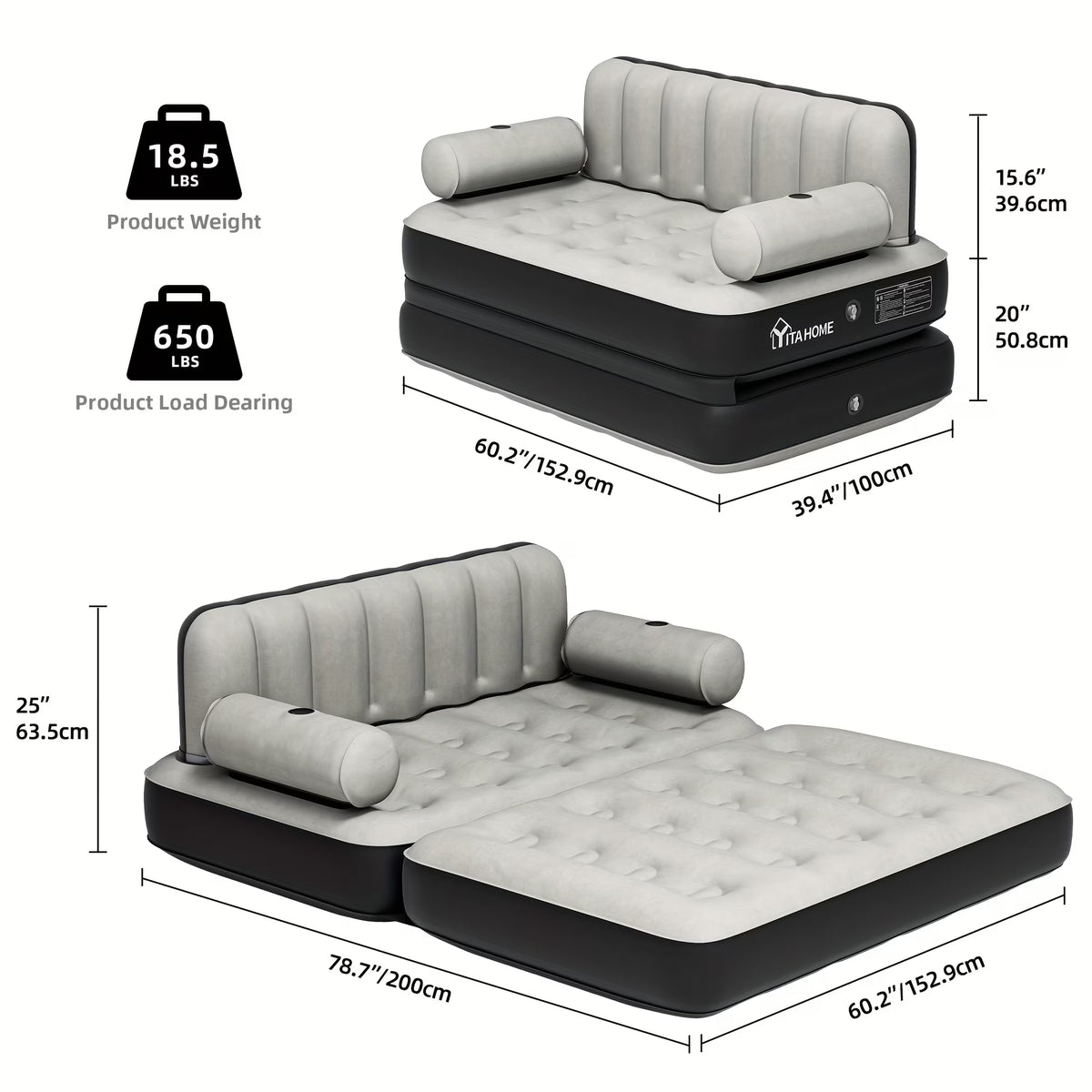 Inflatable Air Sofa Bed 2-in-1 Backrest Couch Airbed With Headboard And Pump Convertible Blow Up Bed Mattress For Home, Camping, And Guests, Living Room Furniture, Queen Size