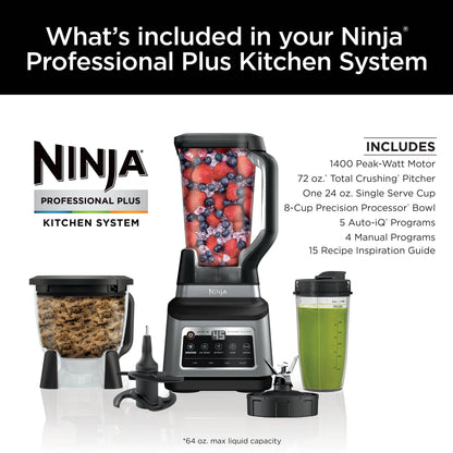 Ninja Professional Plus Kitchen System, 1400 Watts, 5 Presets for Smoothies, Chopping, Dough with Auto IQ, 72-oz.* Blender Pitcher, 64-oz. Processor Bowl, 24-oz. To-Go Cups, Black, BN800