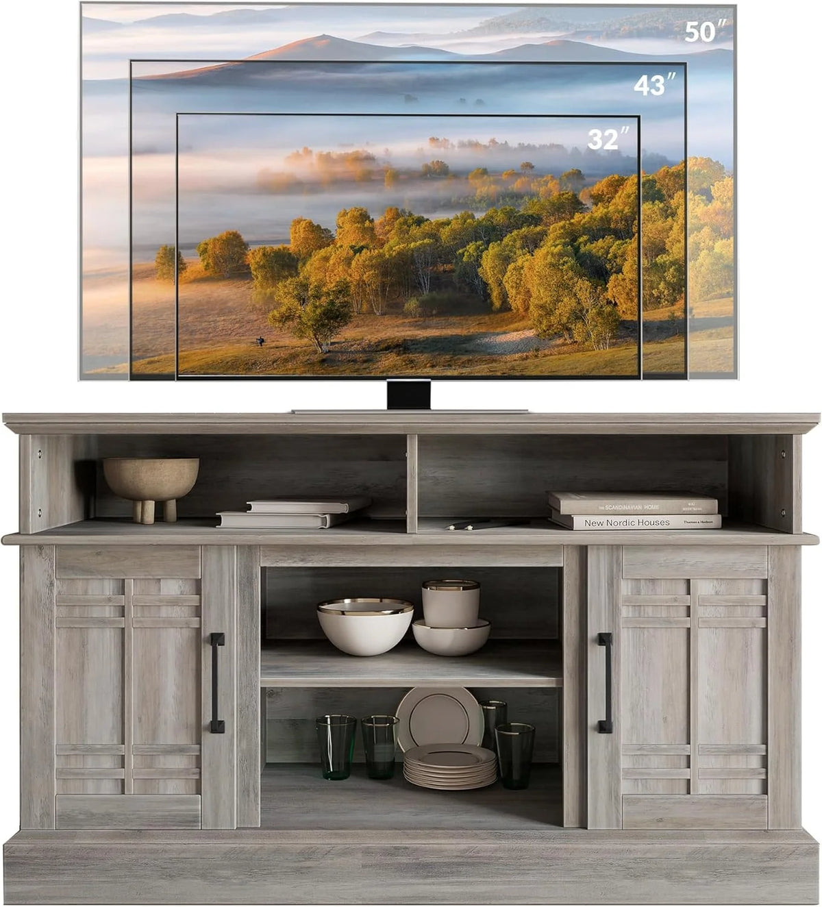 Modern 48" Farmhouse Wood TV Stand & Media Entertainment Center Console Table for TVs up to 50 Inch with Open Storage Shelves & Cabinets - Norrell (Espresso)