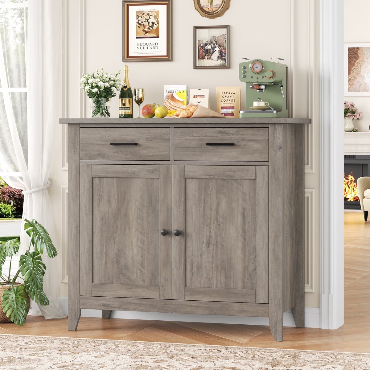Homfa Entryway Cabinet, Kitchen Storage Cabinet, Farmhouse Buffet Sideboard with 2 Drawers and 2 Doors,Coffee Bar with Storage for Dining Room Living Room,White