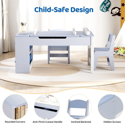 LAZY BUDDY Kids Art Table and 2 Chairs Set, 2 in 1 Easel & Toddler Craft Table and Chairs Set with Storage Bins, Paint Cups and Paper Roll, Activity Table Set for Children 3+