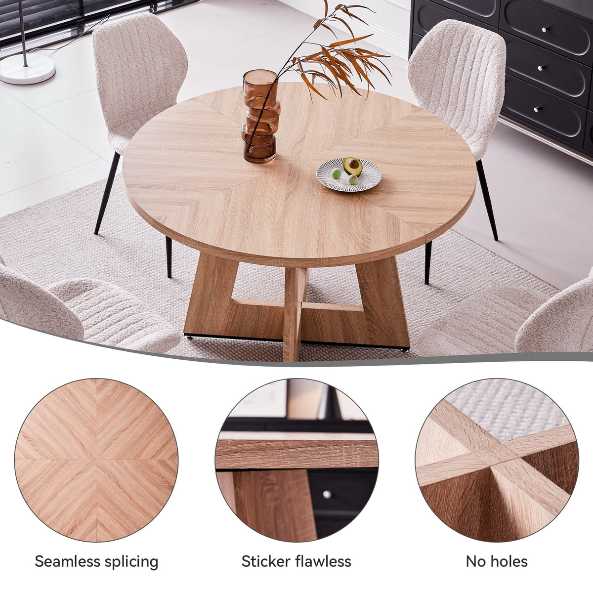 5 Piece 47'' Round Dining Table Chairs Set for 4, Farmhouse Gray Kitchen Table with 4 Boucle Mid Century Modern Dinning Room Chairs, Wood Dinner Table &Upholstered Chair Set of 4, Beige