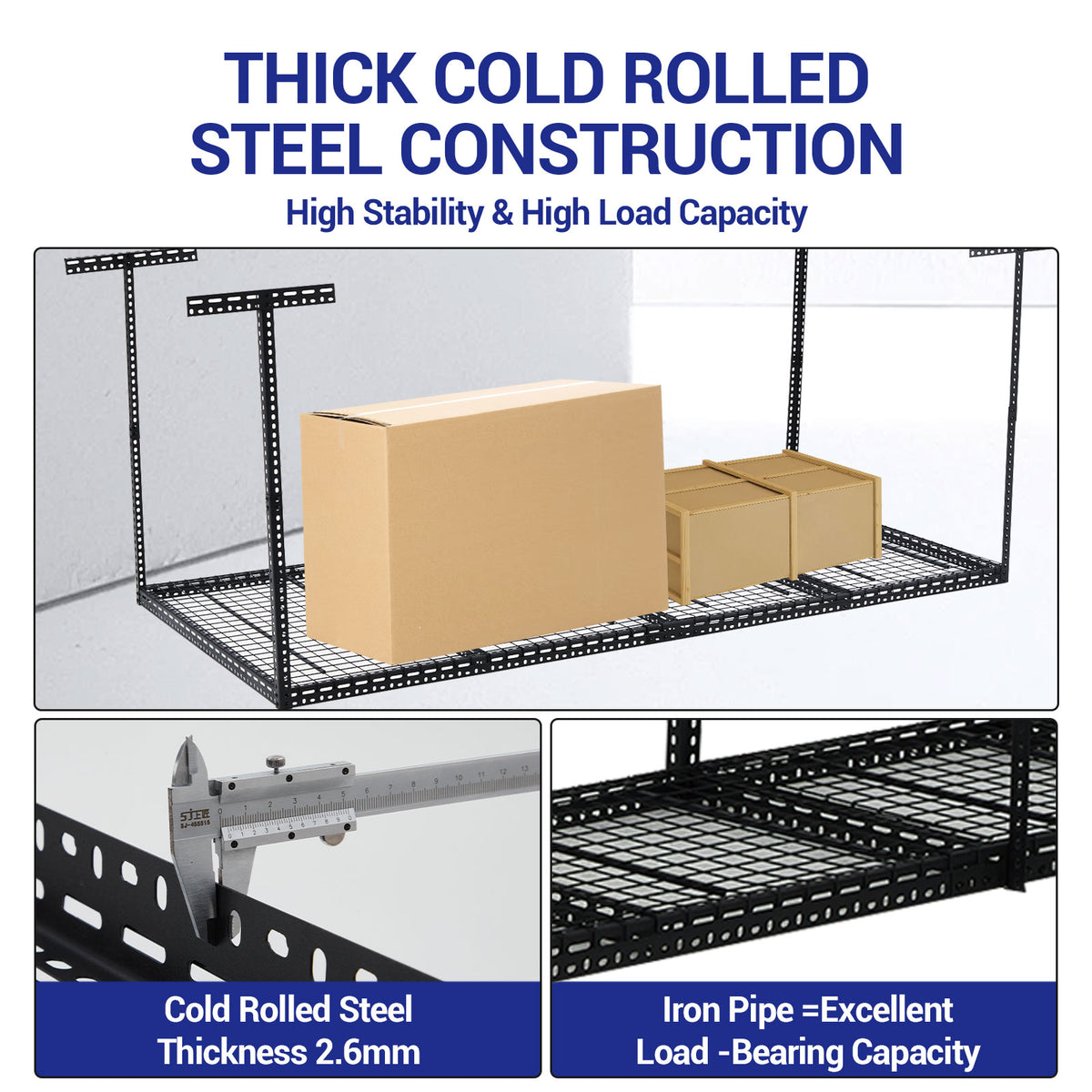 Overhead Garage Storage Rack - Heavy Duty 300kg Capacity, Adjustable 56-100cm Height, 180x120cm Black Steel Shelving with Hooks for Garage Organization