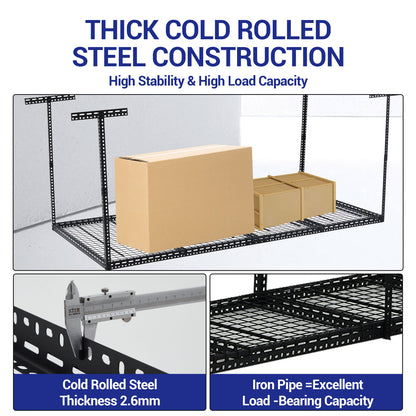 Overhead Garage Storage Rack - Heavy Duty 300kg Capacity, Adjustable 56-100cm Height, 180x120cm Black Steel Shelving with Hooks for Garage Organization