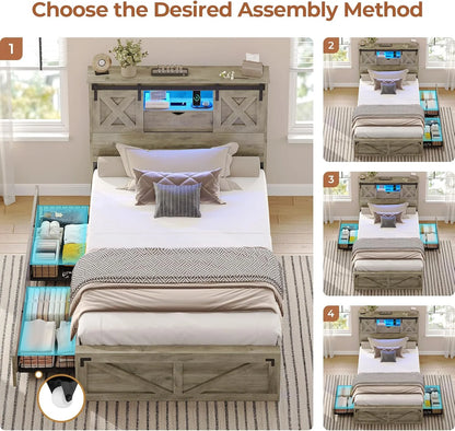 Twin XL Size Bed Frame with Headboard and Drawers, Farmhouse Twin XL Platform Bed Frame with LED Lights and Charging Station, No Box Spring Needed,Gray