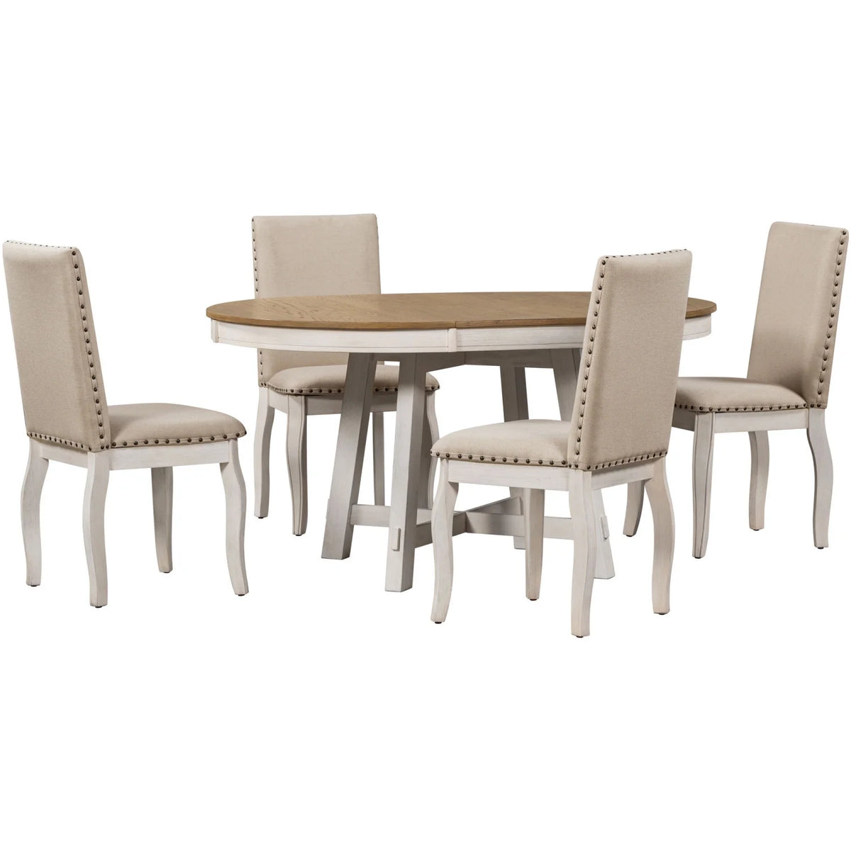 Harper & Bright Designs Round Extendable Dining Table Set for 4, 5 Piece Farmhouse Wood Dining Table Set with 4 Upholstered Dining Chairs, Natural Wood Wash