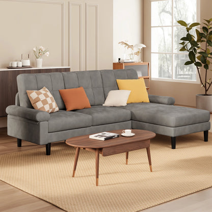 Lofka 82" L-Shaped Couches for Living Room, 3 Seat Convertible Sofa with Soft Velvet, Removable Pillows & Armrests, Thick 5.5" cushions, Dark Gray