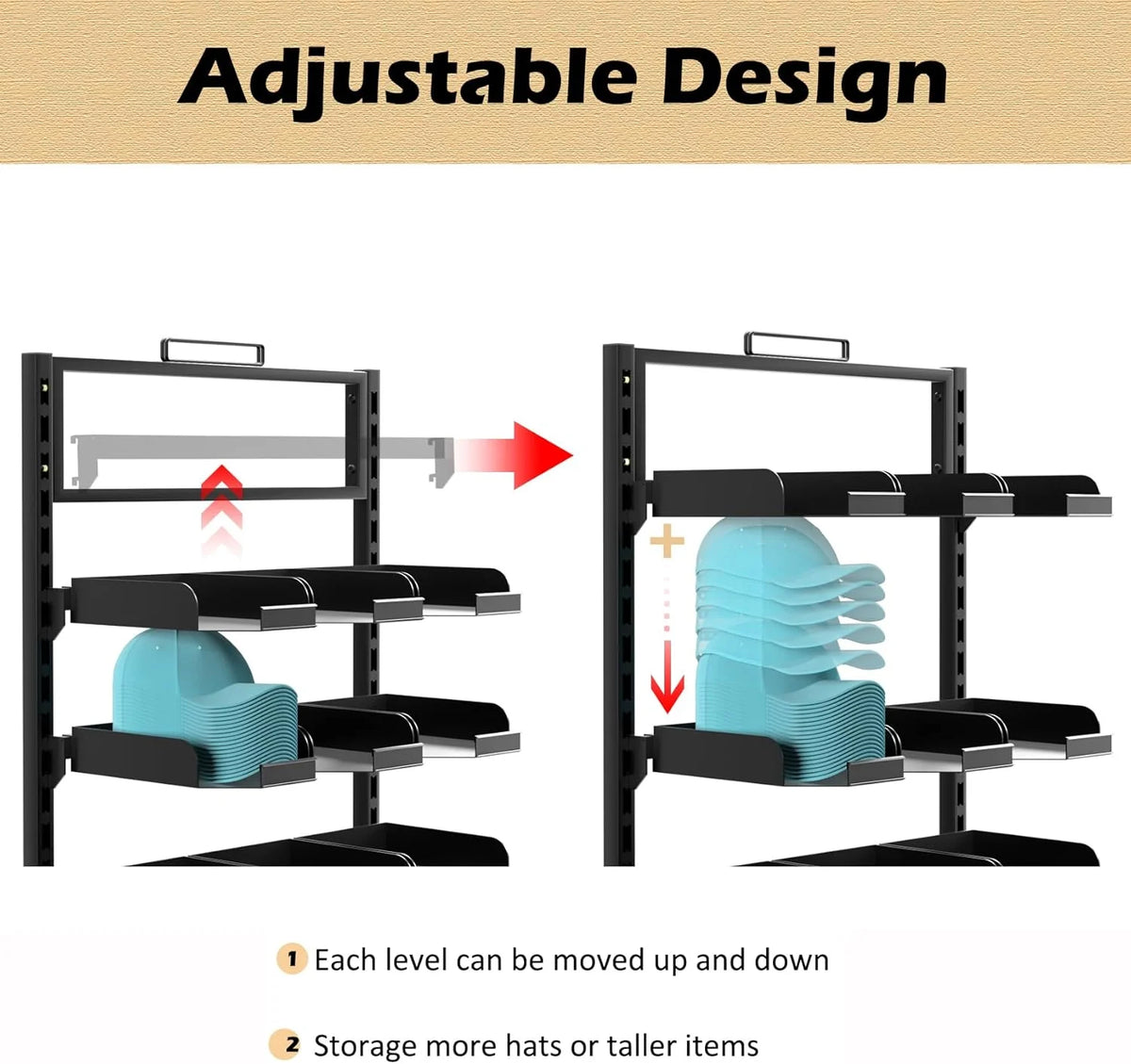 Ztysn 6 Tier Baseball Hat Rack Stand, Holds 180 Caps, 18 Trays, Adjustable Standing Coat Rack for Home Commercial Use,Black Metal