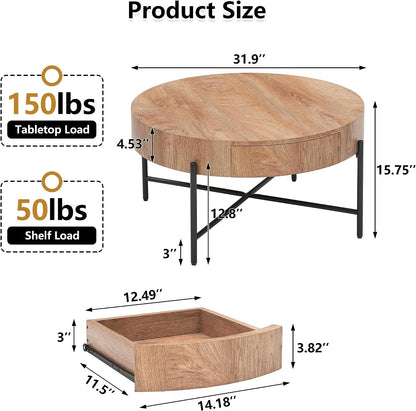 Round Coffee Table with Drawers Circle Living Room Table Wood Accent Coffee Table with Storage White Center Table (Natural)