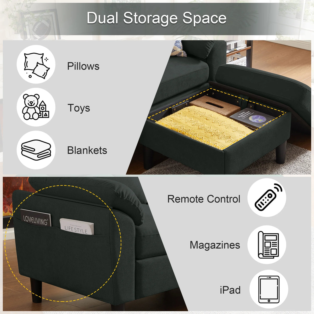 Pingliang Home Sectional Sofa Couch with Storage Ottoman,Modern 3 Seat L Shaped Sofa Couch for Living Room Apartment Studio Office