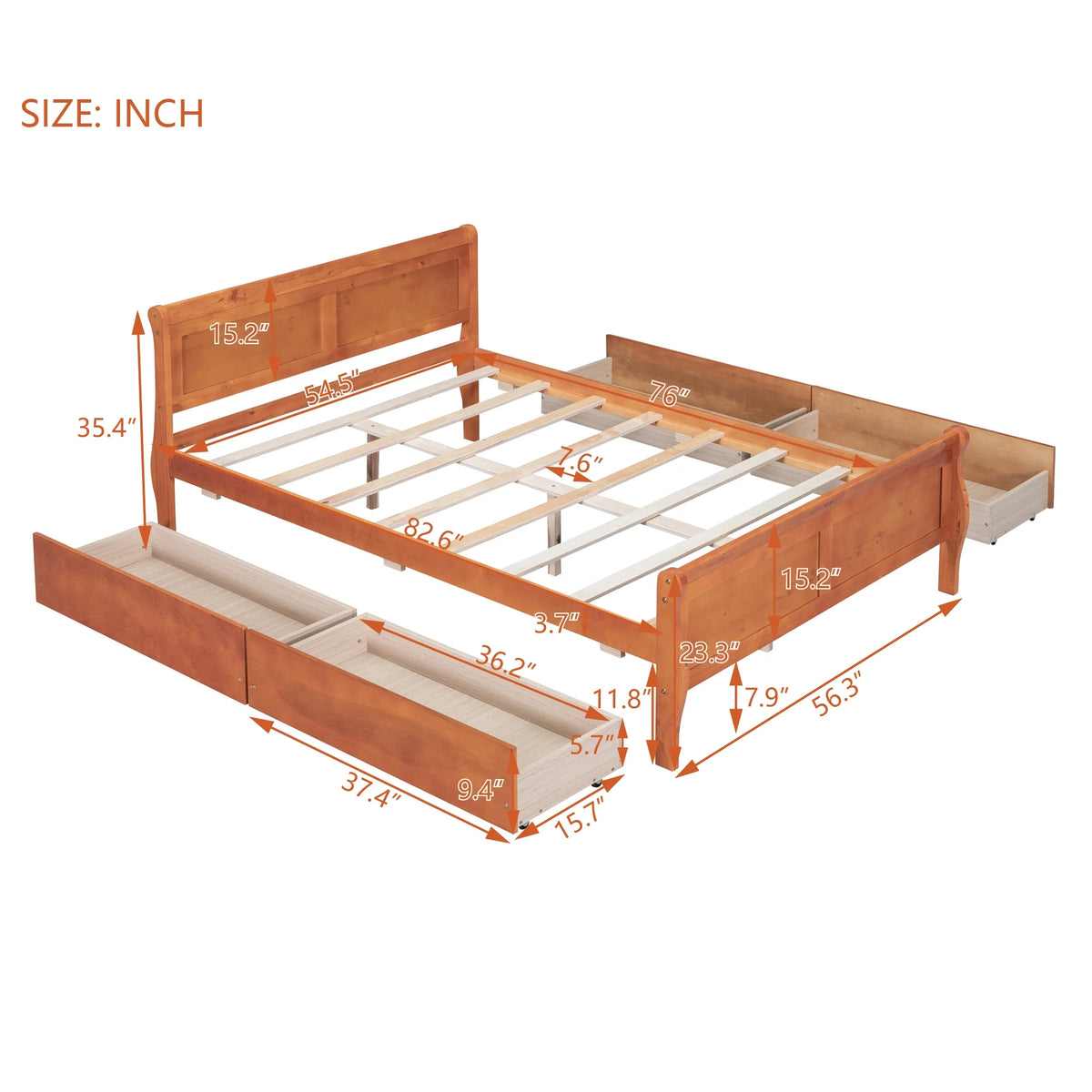 Full Size Wood Platform Bed with 4 Drawers,Storage Bed Frame with Streamlined Headboard and Footboard for Kids, Teens, Boys, Girls,Wooden Slats Support, No Box Spring Needed,Oak
