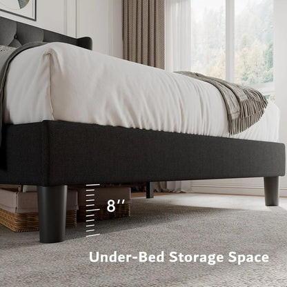 iPormis Full Size Bed Frame with Diamond Button Tufted Wingback Headboard, Upholstered Platform Bed Frame with Strong Wood Slat Support, No Box Spring Needed,Black