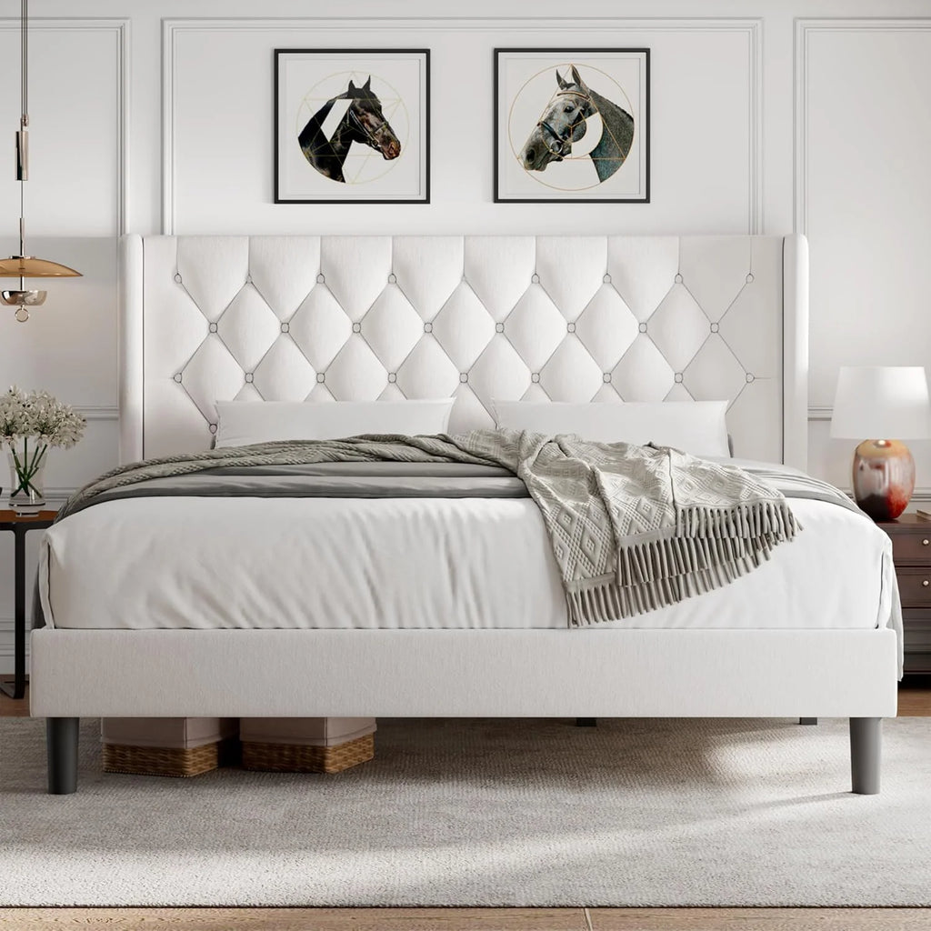 iPormis Full Size Bed Frame with Diamond Button Tufted Wingback Headboard, Upholstered Platform Bed Frame with Strong Wood Slat Support, No Box Spring Needed,Black