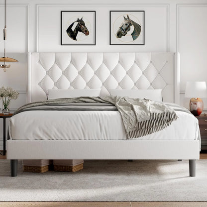 iPormis Full Size Bed Frame with Diamond Button Tufted Wingback Headboard, Upholstered Platform Bed Frame with Strong Wood Slat Support, No Box Spring Needed,Black