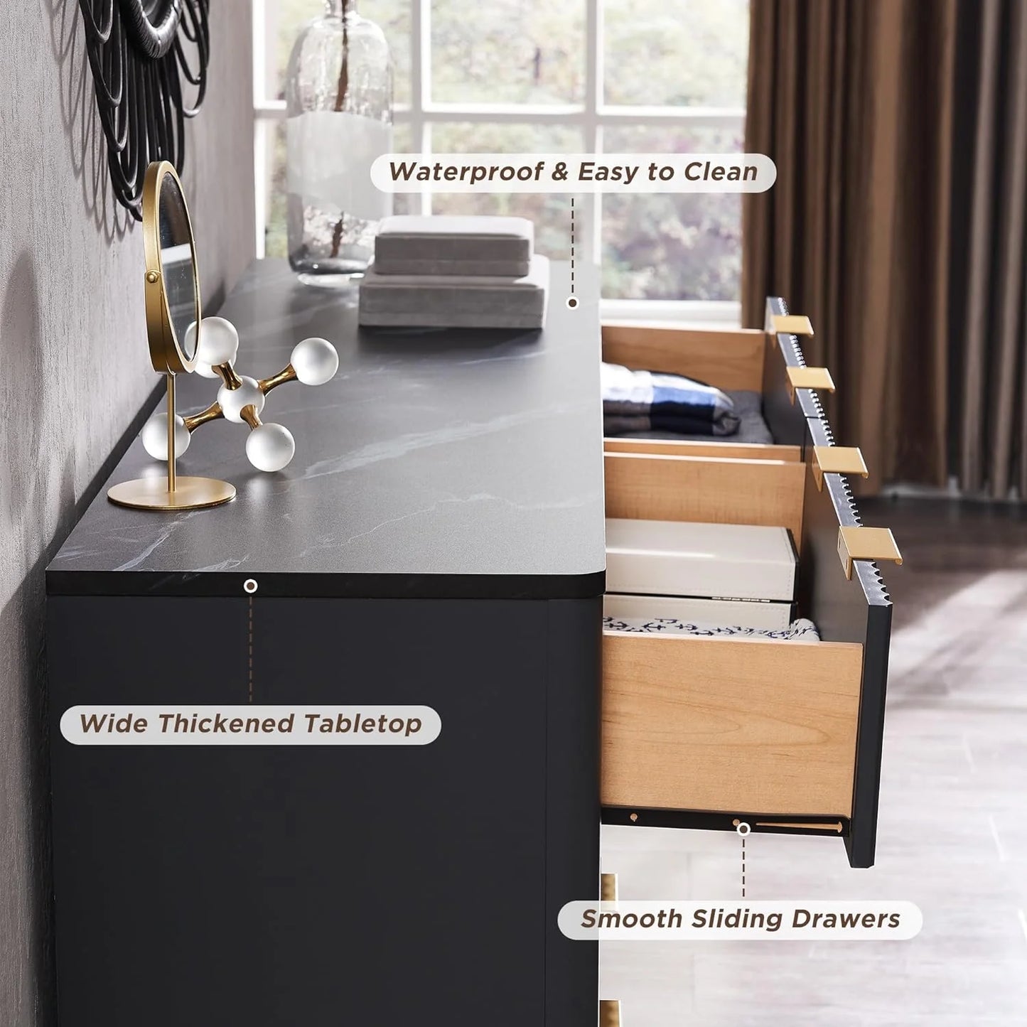 OKD 6 Drawer Dresser for Bedroom with Faux Marble Top, Modern Wood Chest of Drawers, Dresser Organizer, Natural Oak