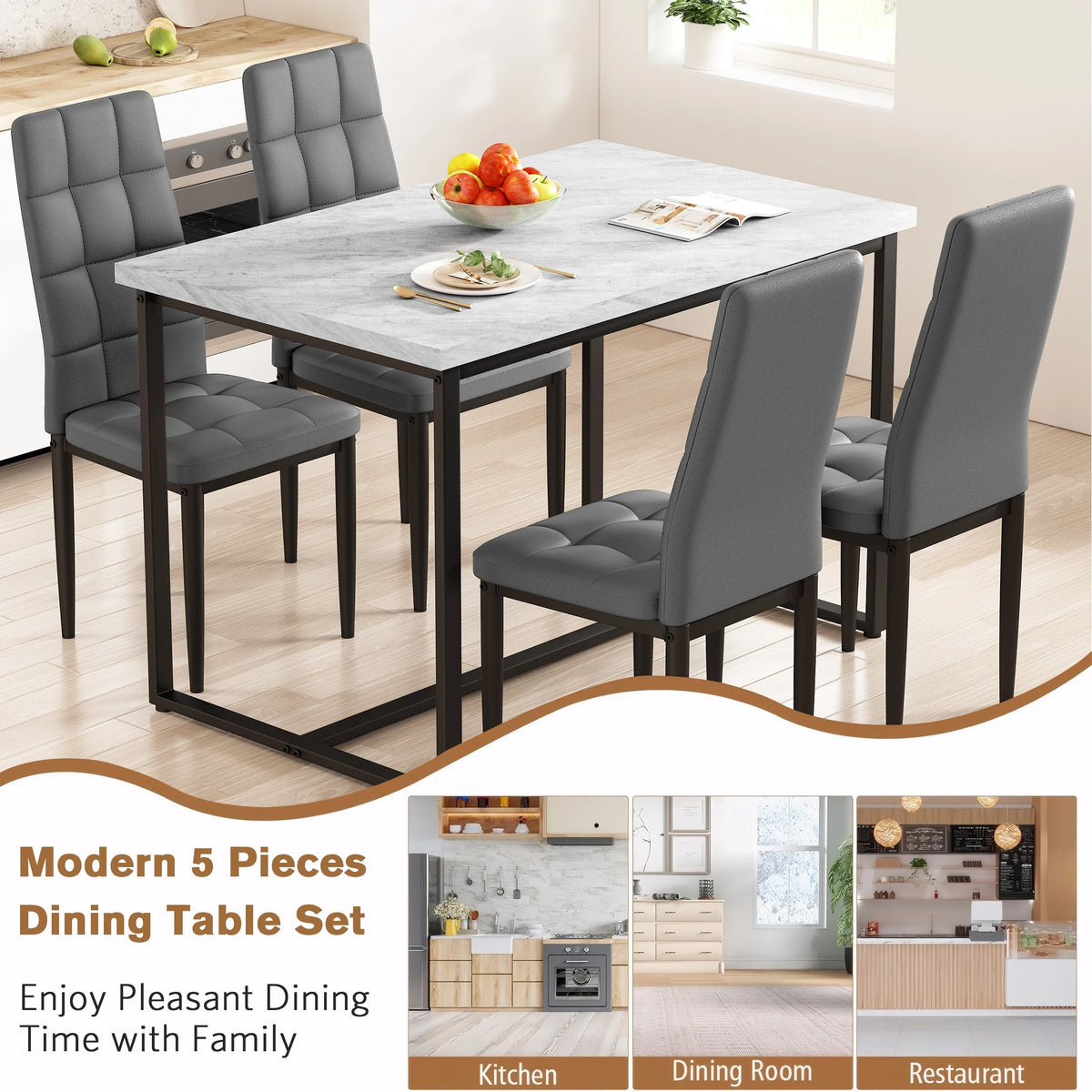 SEGMART Dining Table with 4 High-Back Upholstered Chairs, Modern Dinette Set, Dining Table & Chairs Set for 4 Persons, Small Home Kitchen Dining Table Set, Ideal for Apartment Breakfast Nook