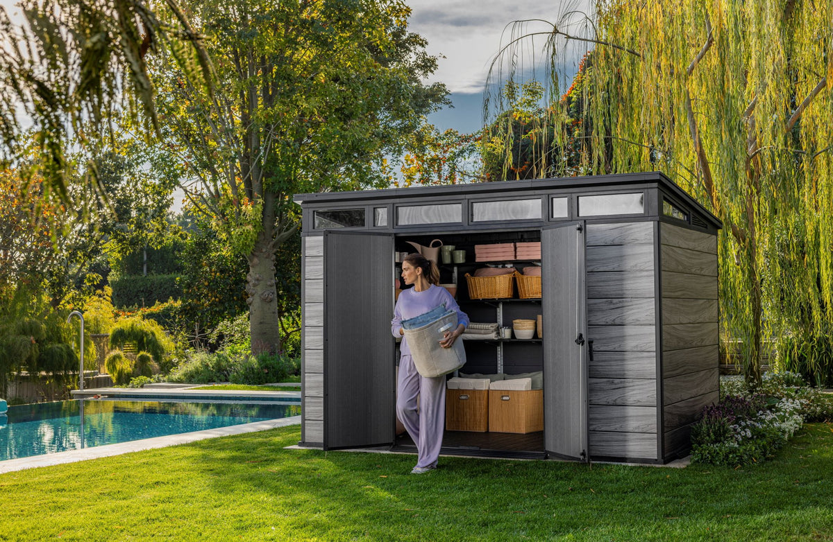 Keter Signature 11x7 ft. Durable Resin Outdoor Storage Shed With Heavy Duty Floor and Locking Door, Walnut