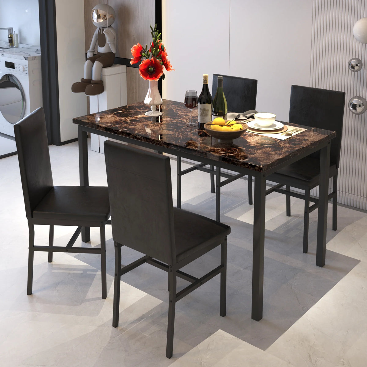 5 Piece Dining Set, Modern Dining Table and Chairs Set for 4, Counter Height Bar Table Set, Modern Pub Table with 4 Velvet Fabric Cushioned Stools, Faux Marble Dining Table & Stools Set, D9297